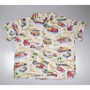 Go‎ Barefoot Hawaiian Shirt Mens 3XL. Vintage Car, Surf Print, Palm Trees.